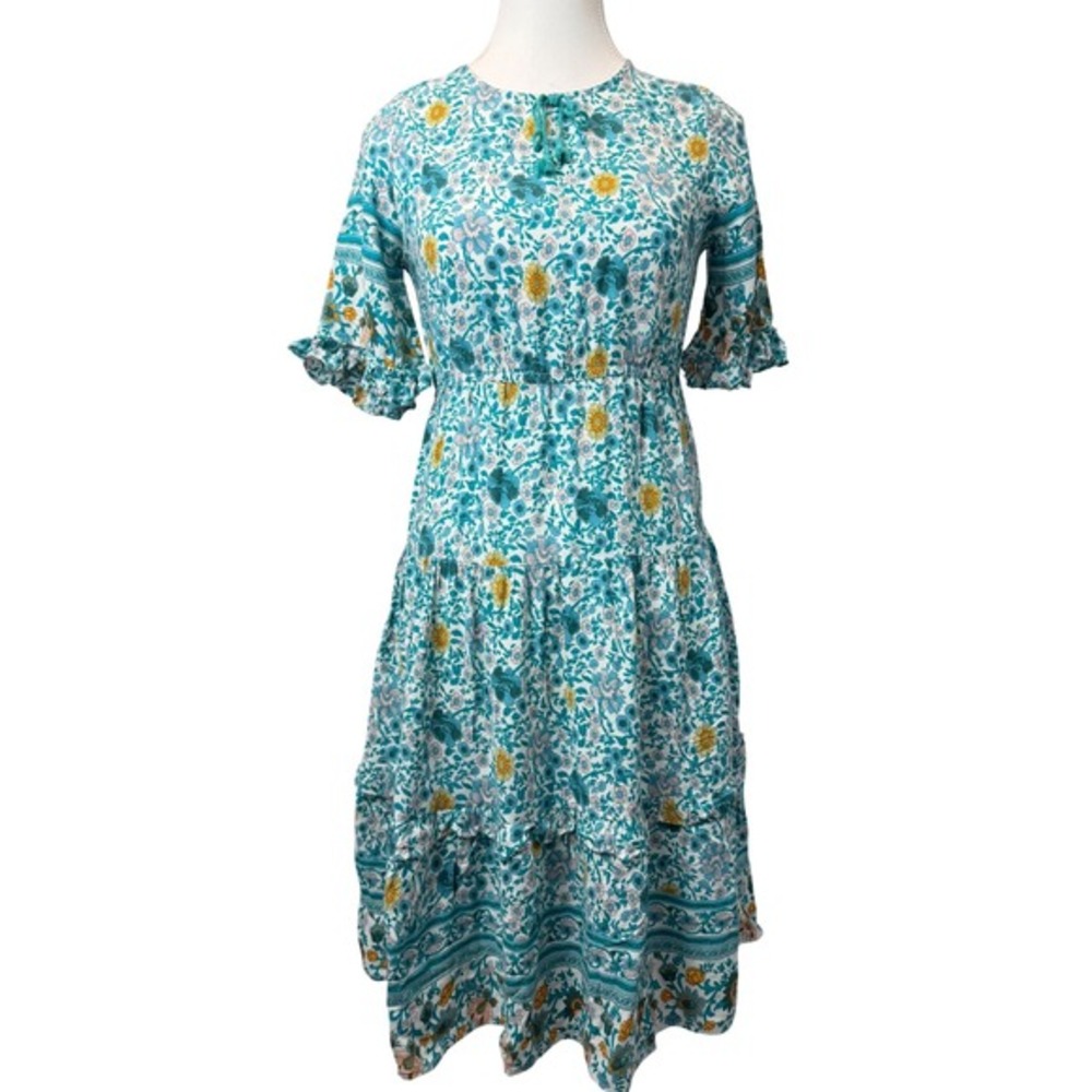 Hayden Girls XL Kids Teal Floral Tiered Midi Dress Boho‎ Tassel Tea Garden Flowy